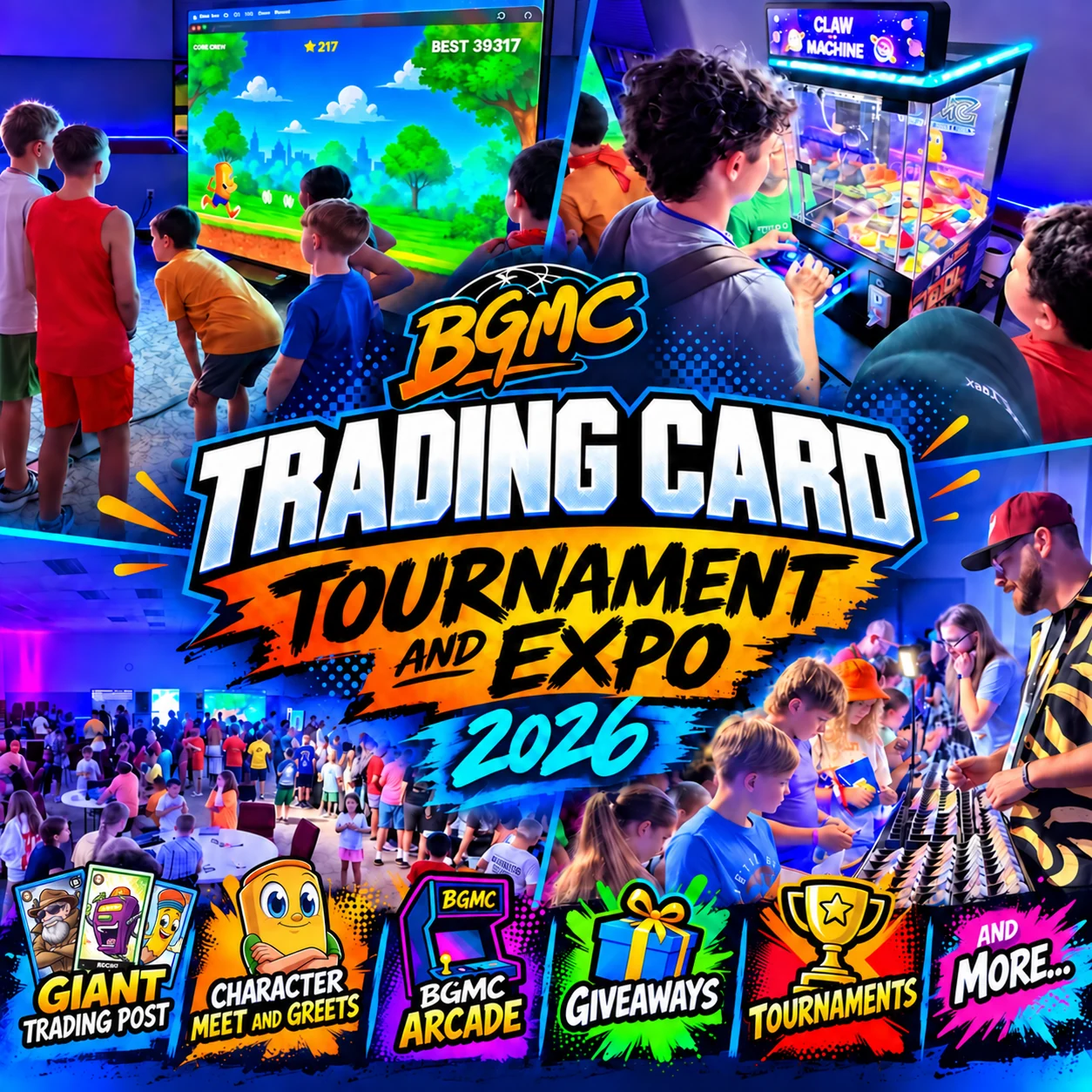 BGMC Trading Card Tournament and Expo 2026 artwork with arcade games, trading, character meet and greets, giveaways, and tournaments